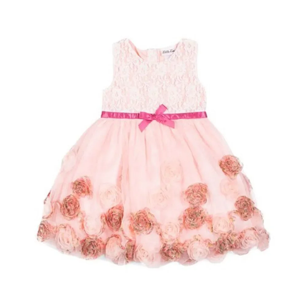 Little Lass Pink Lace-Accent Rosette-Skirt A-Line Dress‎